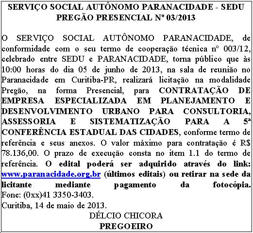 Edital para Pregão Eletrônico Nº 03/2013