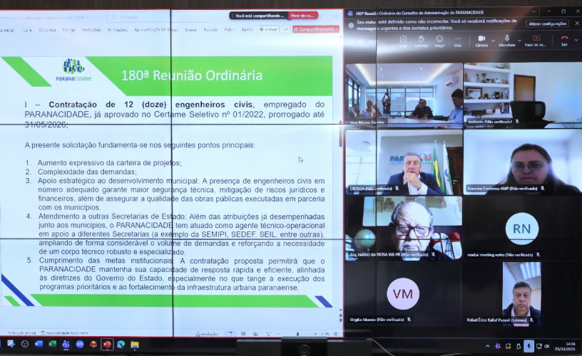 Aprovados por unanimidade todos os itens da pauta da 180ª Reunião Ordinária do Conselho do Paranacidade