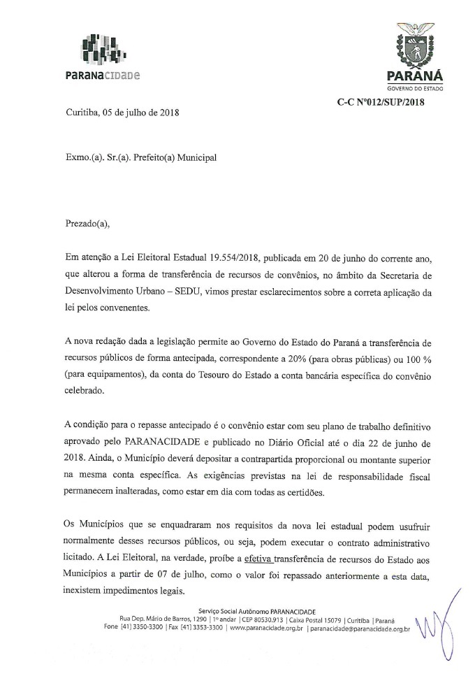 LEI ELEITORAL: PARANACIDADE EXPLICA TRANSFERÊNCIA ANTECIPADA DE RECURSOS DE CONVÊNIOS