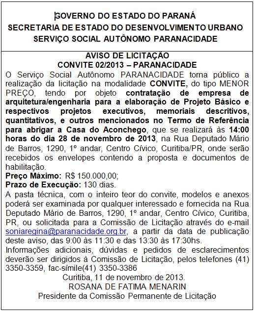 AVISO DE LICITAÇÃO CONVITE 02/2013